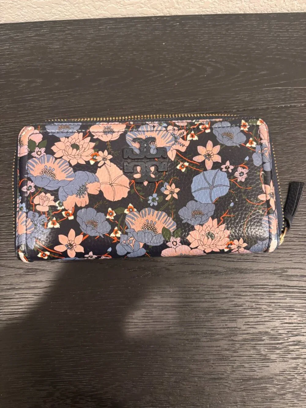 Tory Burch Thea Zip Black Continental Wallet with Blue and Pink Floral Design